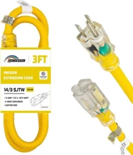 3FT 14/3 Lighted Extension Cord - 14 Gauge 3 Prong SJTW Heavy Duty Yellow Extens
