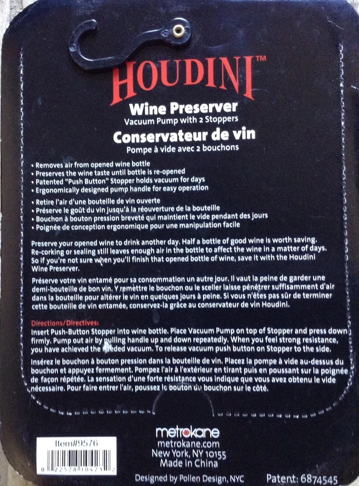Metroline Houdini Wine Preserver Vavum Pump W/2 Stoppers Foto 3 de 3
