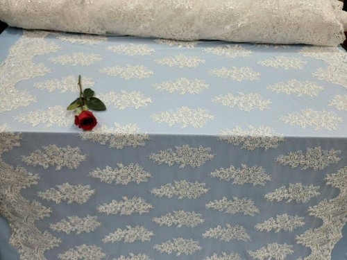 Off White Scalloped Lace Embroidery Floral Flowers Clear Sequin Fabric By The Ya - Picture 6 of 6