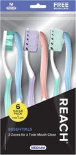 Reach Essentials Toothbrush with Toothbrush Covers, Multi-Angled Medium Bristles