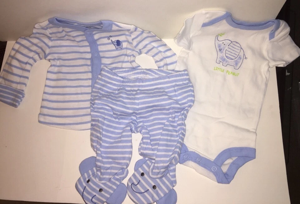FIRST MOMENTS Newborn Boys' 3-pc.Set BLUE/WHITE ELEPHANT Jumpsuit,Top & Pant NWT