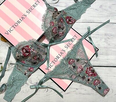 Victoria's Secret DREAM ANGELS Unlined Bra Set Lace Tie Sides Thong Green  32D 