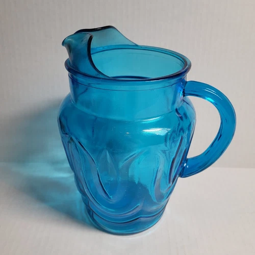 Vtg Anchor Hocking Pitcher Aqua Blue Glass Tulip Mid Century BHV