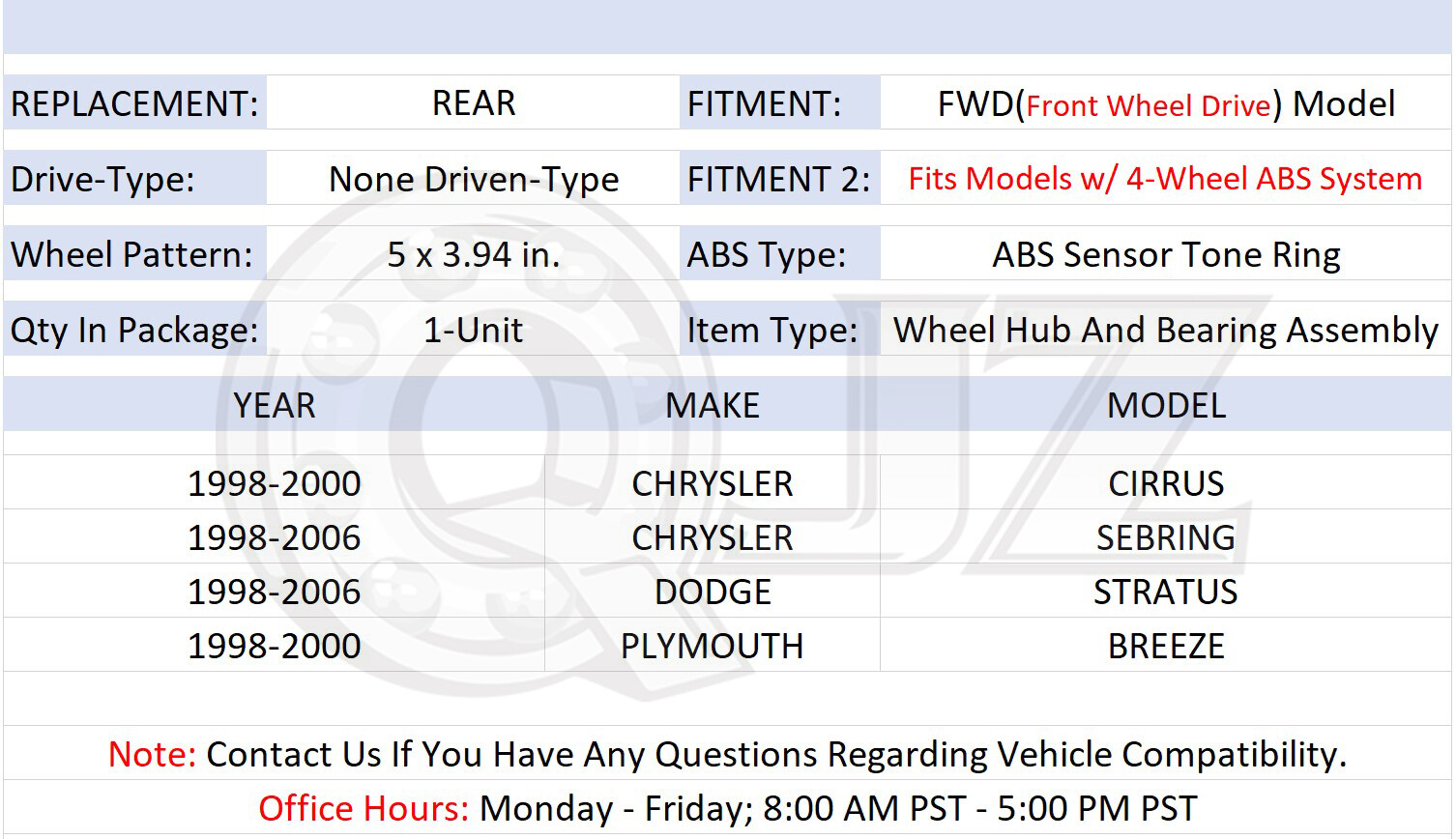 [REAR(Qty.1)] Hub Assembly For 1998-2006 Dodge Stratus FWD-Model w/ 4-Wheel ABS