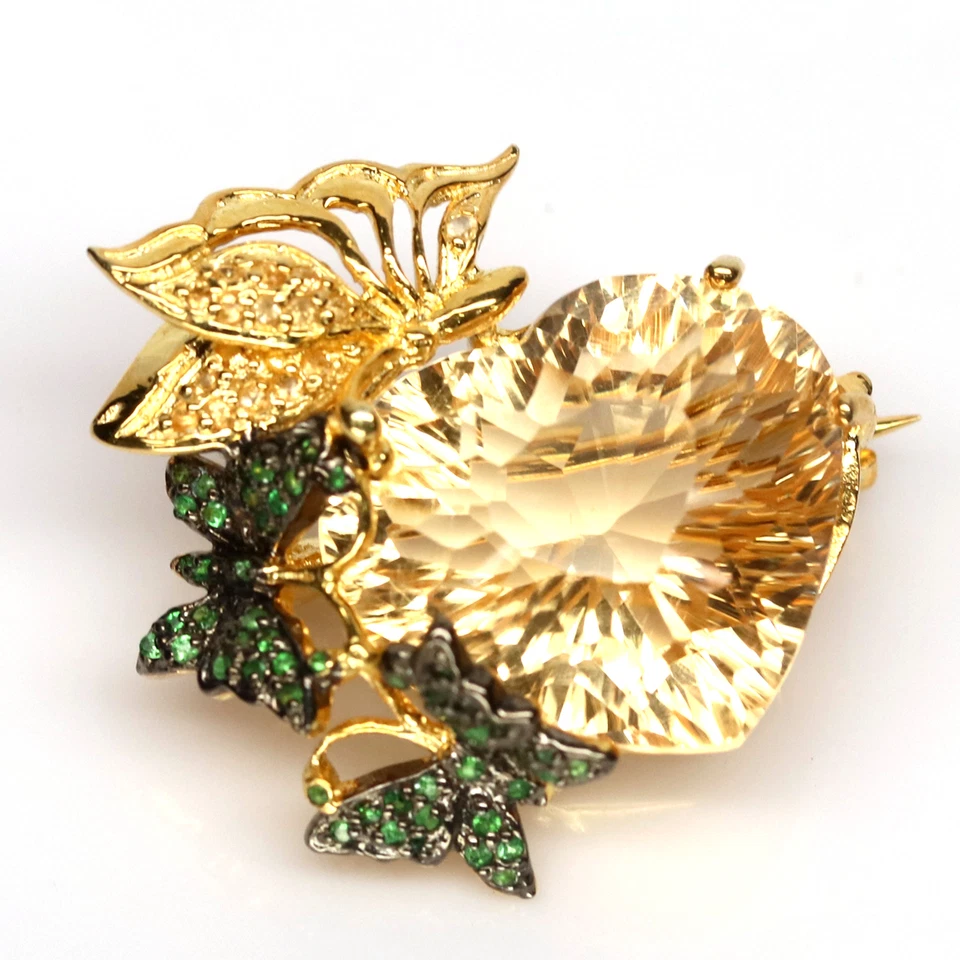 Драгоценный камень 21 X 24 мм. Золотисто-желтая цитриновая сапфировая брошь цаворит серебро 925 пробы - Изображение 3 из 4