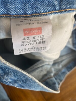 Wrangler Jeans Relaxed Fit Mens Size 42 X 32 Stone Bleach ZIPPER