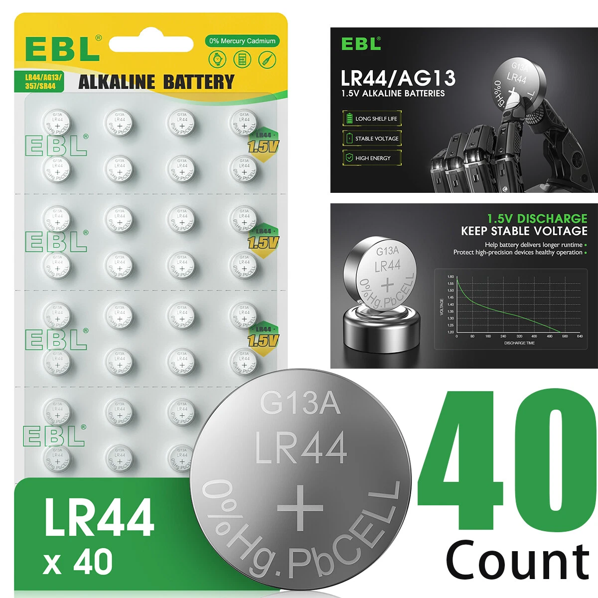 EBL 40Pack LR44 Button Cell 1.5V Alkaline Battery L1154F AG13 357 303 SR44  A76