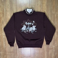 Vintage Bunny Birds Art Nature Sweatshirt Size M Earth Tone Brown 90s Grandma 