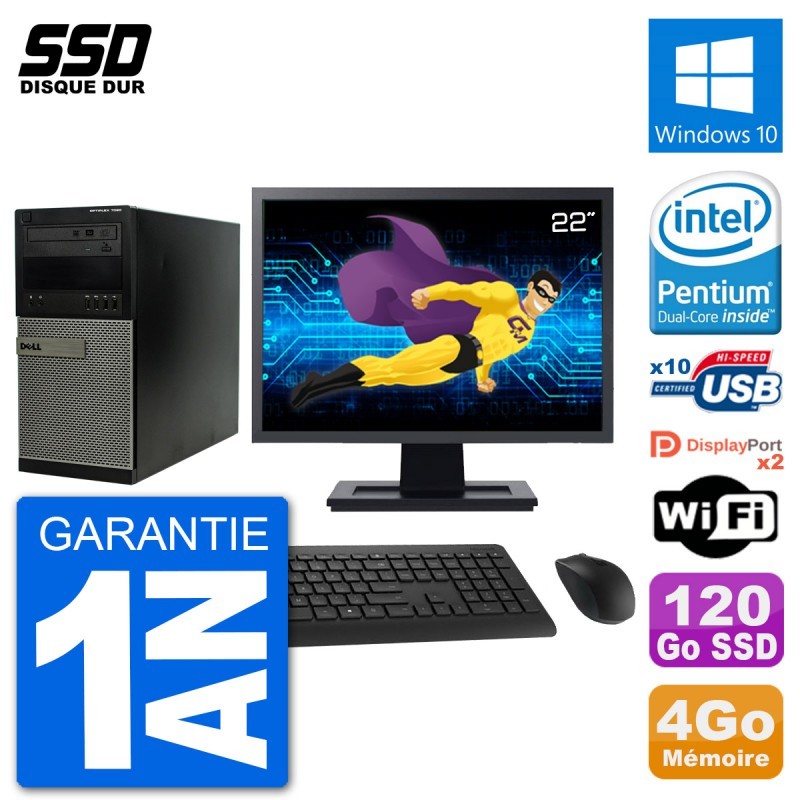 PC Tour Dell 7020 Ecran 22" Intel G3220 RAM 4Go SSD 120Go Windows 10 Wifi