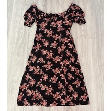 Forever 21 Black Floral Off Shoulder Midi Dress Puff Sleeve Rayon Size M