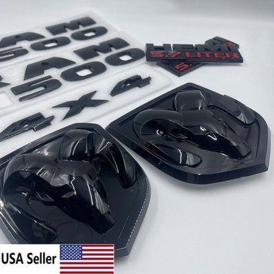 7PC Set Grille Glossy Black Front/Rear For Ram 1500 2500 2500 4x4 HEMI Emblem