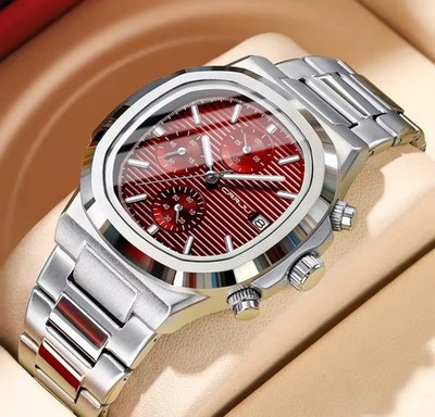 CRRJU Red Dial Stainless Steel Bracelet Chronograph Quartz Men's Watch