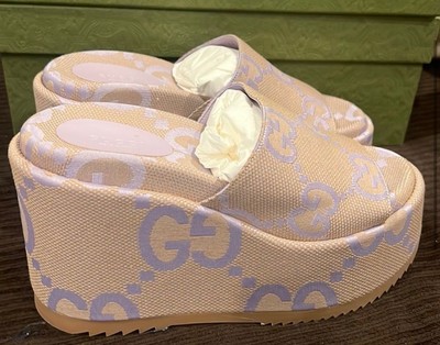 NEW GUCCI Macro GG Beige Monogram Canvas Platform Wedges Size EU 39.5 US 9.5