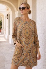 J Crew Silk Medallion Print Shift Dress Size 8 Boho Resort Tunic Pockets Lined