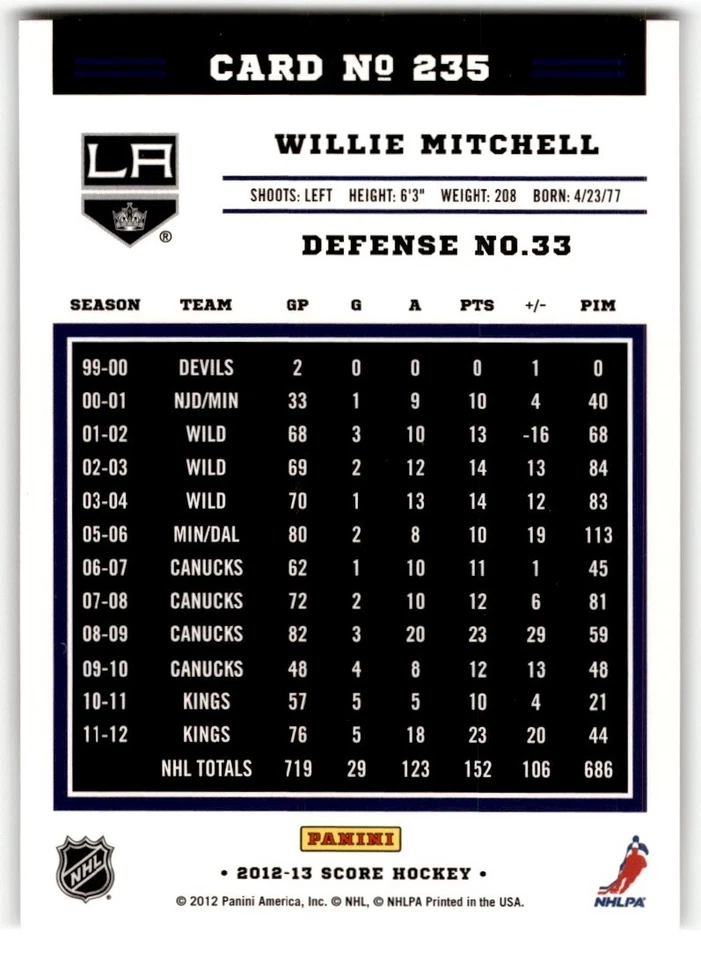 Willie Mitchell 2012-13 Score Gold Rush #235 Los Angeles Kings - Image 2 of 2