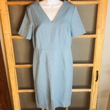 Ann Taylor Women's Size 4 17x40 Double V Blue Twill Dress Stretchy Short Sleeve