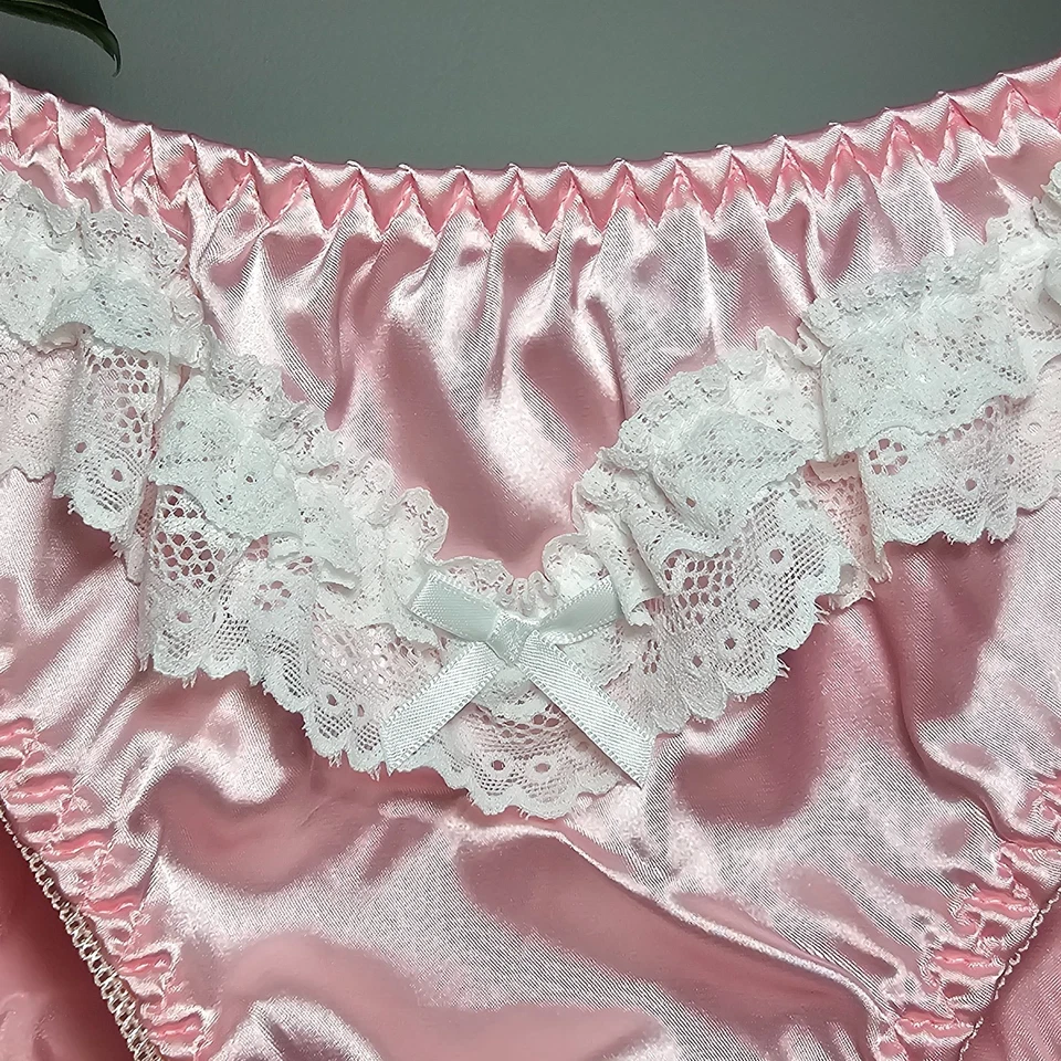 Shiny Pink Satin Panty Sissy White Nylon Lace Bikini Brief Size 9-10 Hip 45-48" - Image 4 of 4