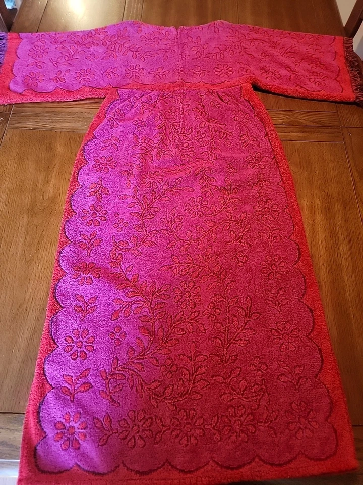 Vintage 70s Psychedelic Floral Red Purple Cover-Up Fringe Terrycloth Towel Dress - Image 4 of 4