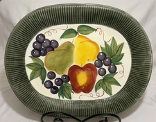 WCL Ceramic Serving Platter Tuscan Style W/Fruit 14"x 18" Green Rimmed VINTAGE