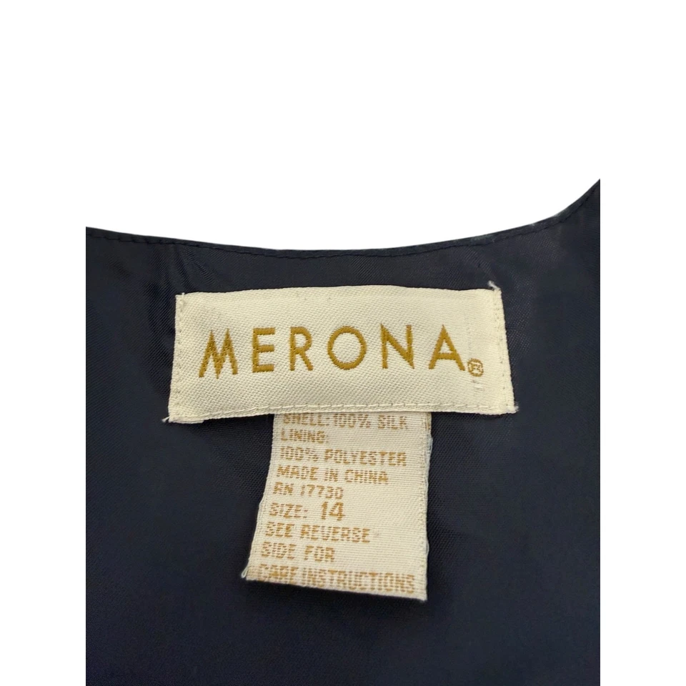 Vestido Merona Azul Seda Vintage Años 90 Sin Mangas Estampado Geométrico Corbata Frontal Talla 14 Foto 2 de 4