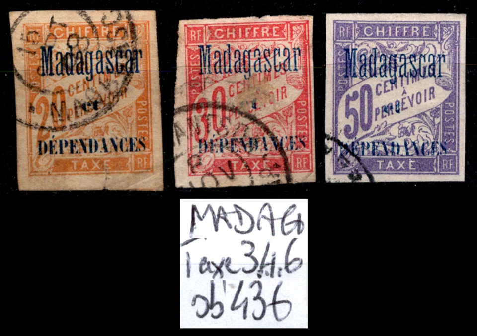 MADAGASCAR : TAXE n°3 + 4 + 6, Oblitérés = Cote 52 € / Lot Timbres COLONIES - Photo 1/1
