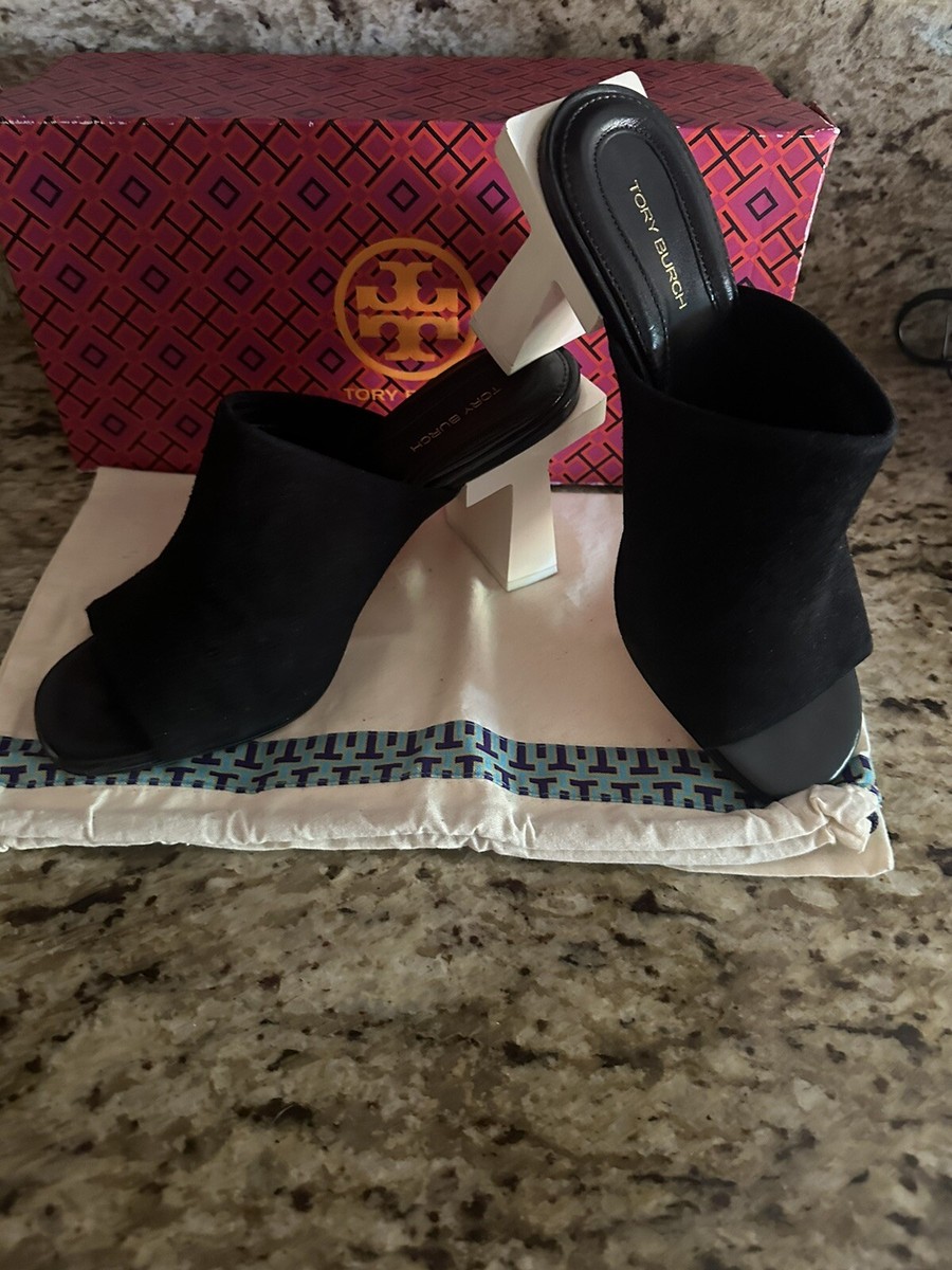 $360 TORY BURCH Women's Black Suede T Block Slip-On Mule US 7M New
