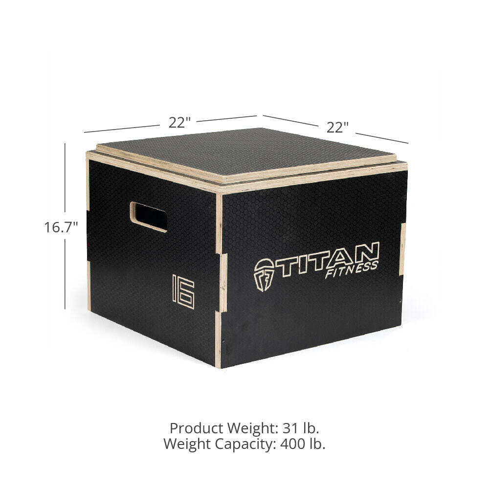Titan Fitness 16in Anti-Slip Stackable Wooden Plyometric Box, Pro-Duty Plyo Box