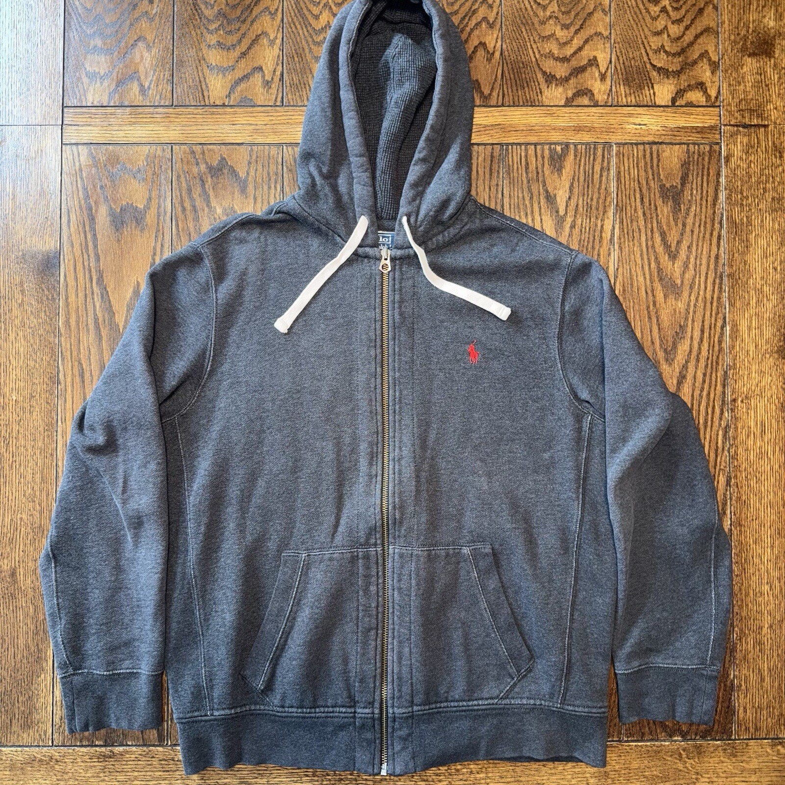 Polo Ralph Lauren uomo classica full zip cappuccio giacca grigio scuro XL rosso pony