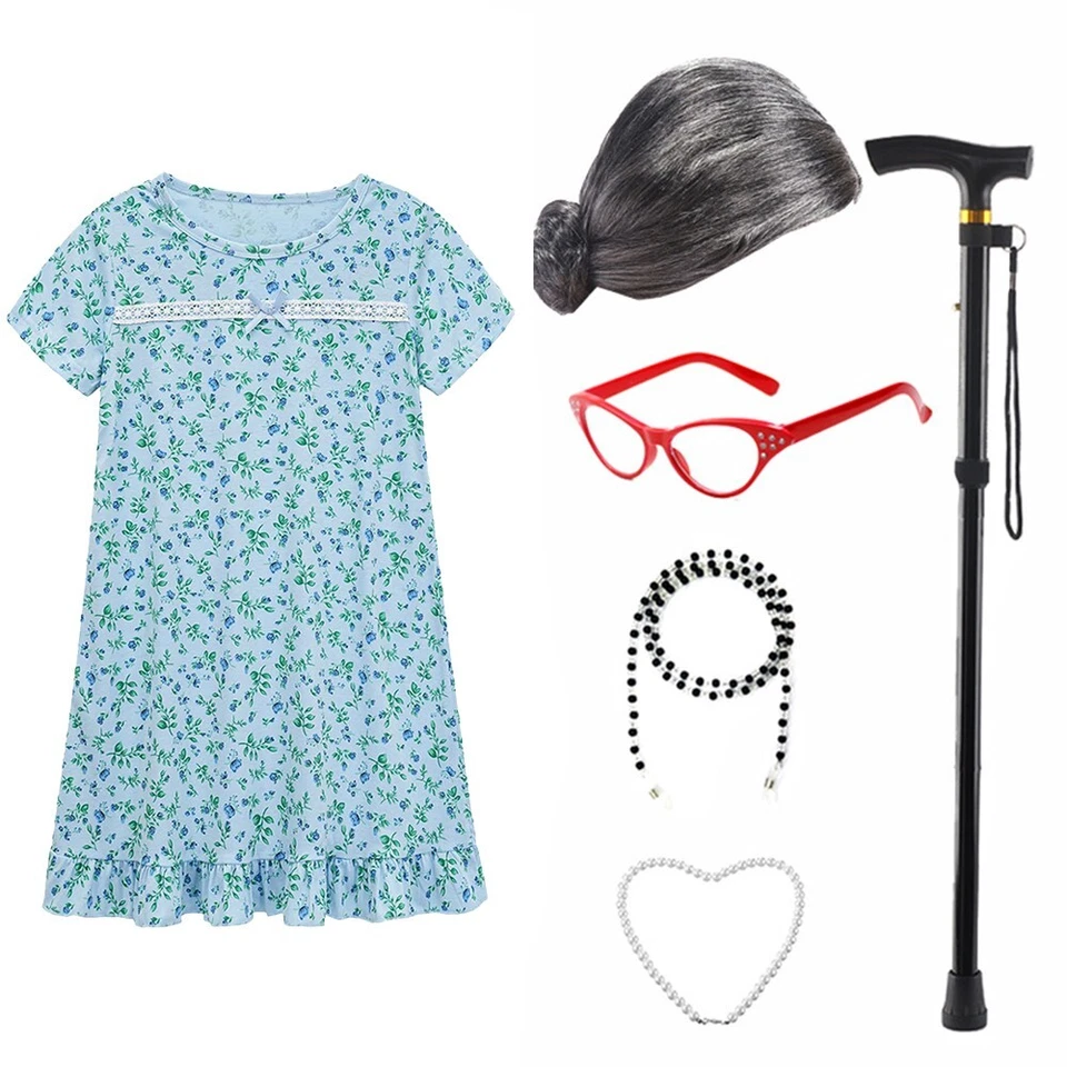 6 pcs Kids Old Lady Costume 100 Day of School Costume for Girls Dress Up Grandma - Image 4 of 4