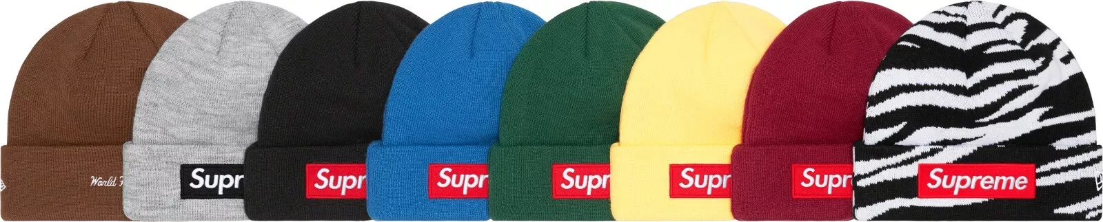 Logo de boîte Supreme x New Era   World Famous Beanie FW22 (FW22BN10) taille unique