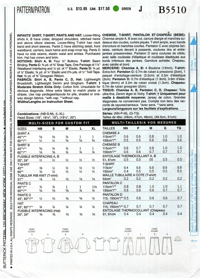 Butterick B5510 Baby Boy Shirts, Tees, Pants & Bucket Hat Sz L-XL UNCUT Pattern - Image 2 of 3
