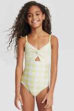 Cat Jack Girls' Gingham Check One Piece Swimsuit Green XS 4-5 NWT