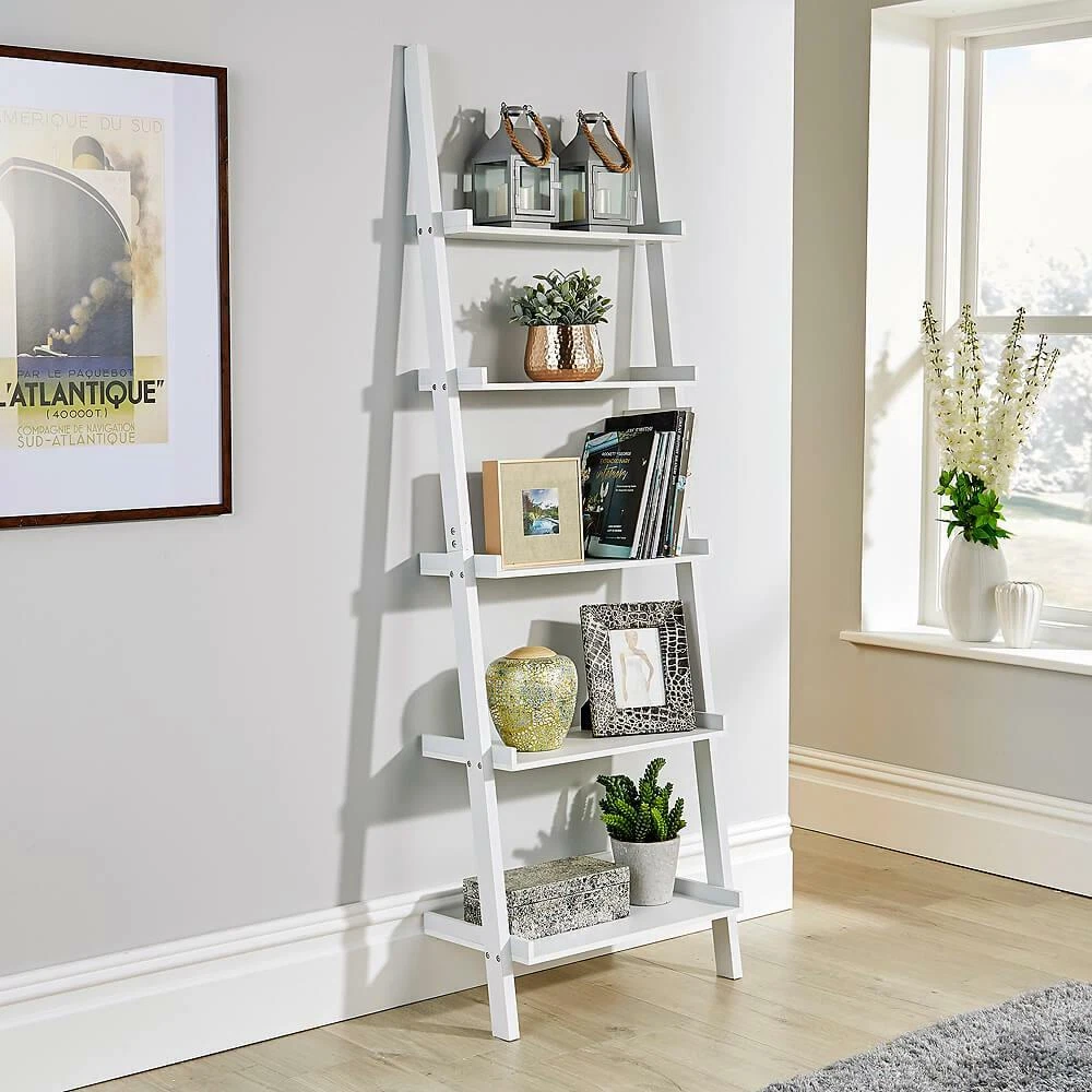 White Ladder Shelving Unit 5 Tier Display Stand Book Shelf Wall