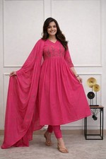 Women Pink Anarkali Kurta Set Embroidered Ethnic Indian Party Wear With Dupatta