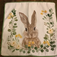 LOVING KINDNESS~16” SQ~Pillow Cover~Brown Rabbit~Yellow/Green Floral Half Wreath