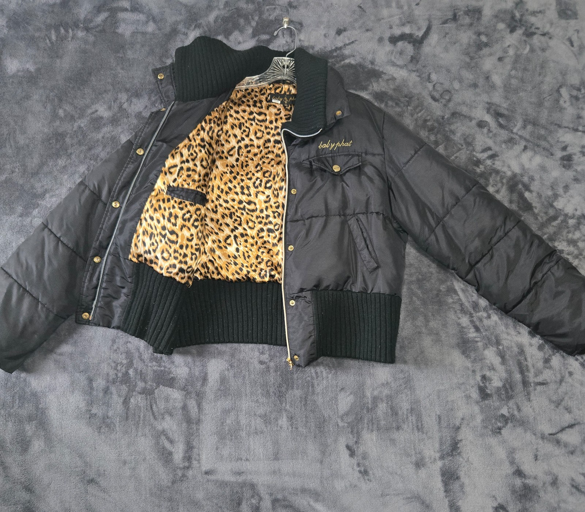 Vintage 2000s Y2K Baby Phat Black Puffer Jacket Ribbed Hem Cheetah 
