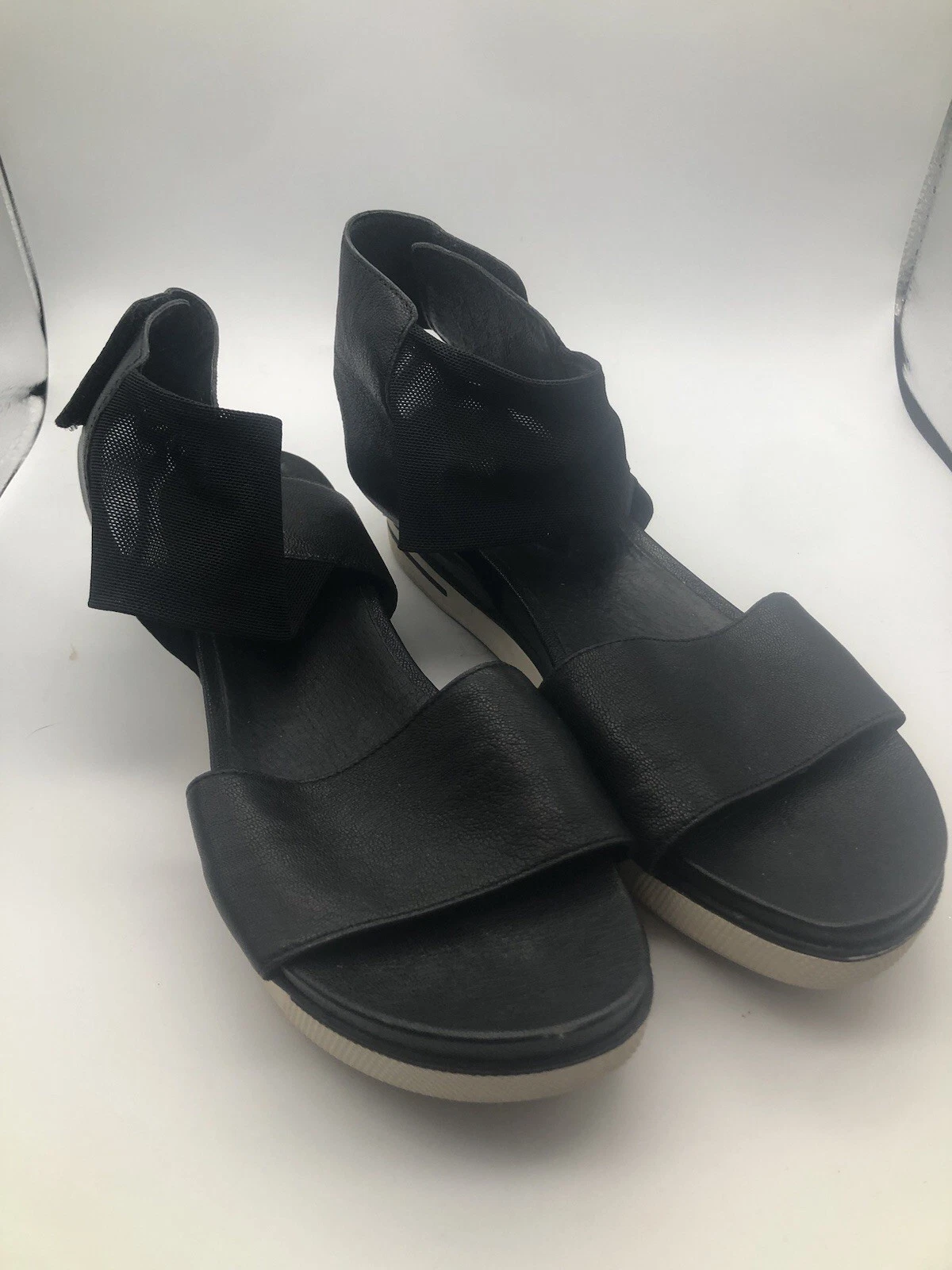 Eileen Fisher Spree Sport Wedge Sandal Size 9 Black Open Toe Leather Mesh Ankle
