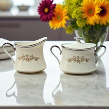 Lenox Fresh Meadow Creamer and Sugar Bowl W/ Lid Silver Trim Made In USA