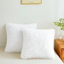 Furry Throw Pillow Covers White 18"x18" Faux Fur Shaggy Cushion