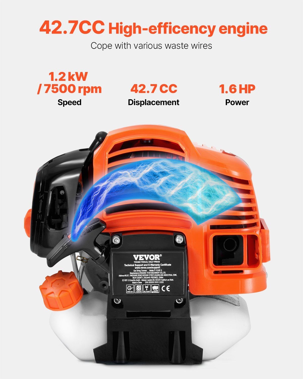 42.7CC 2-Stroke Gas String Trimmer 16.9" with 3T Blade Adjustable