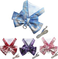 Plaid Dog Dress Bow Tie Harness Leash Set,Dog Clothes Large, Blue
