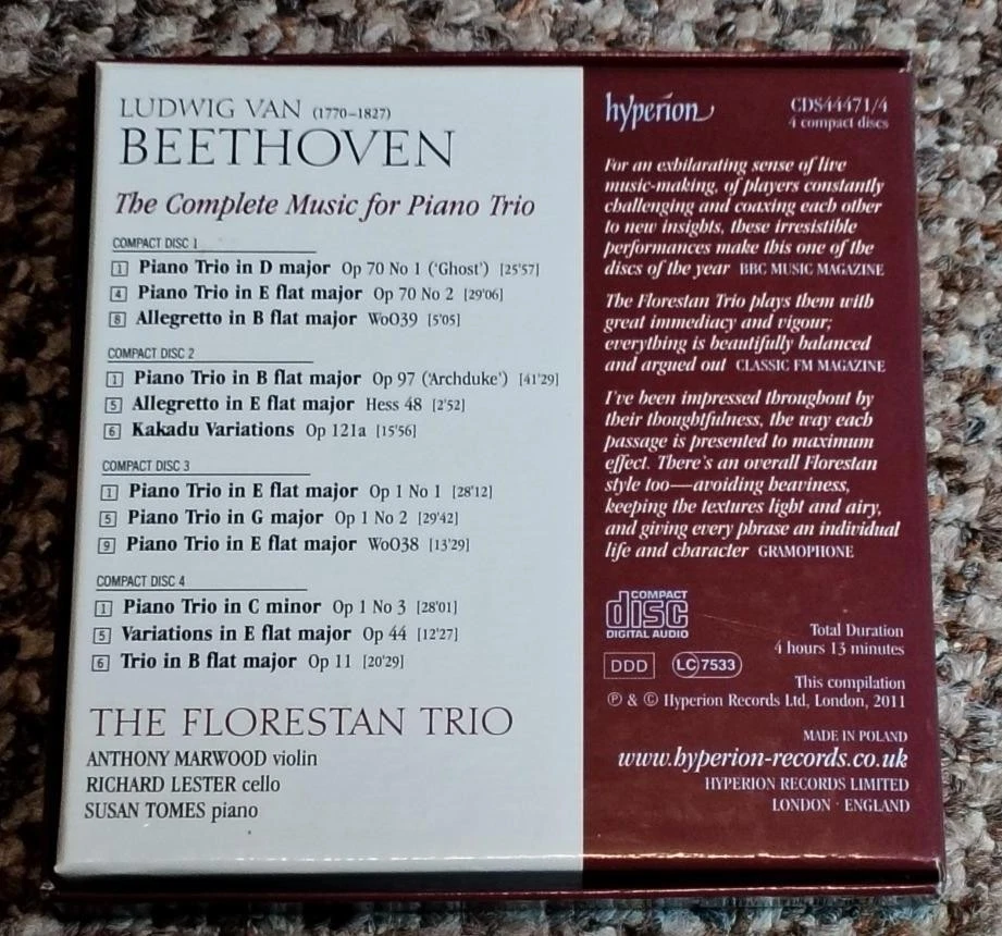 BEETHOVEN Complete Music for Piano Trio FLORESTAN TRIO  HYPERION 4CD set - Image 2 of 4