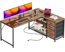 53" L Shaped Desk with Power Outlets and USB-C Port, Reversible Computer Corn...