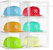 6 Pack Hat Organizer Box, Stackable Clear Baseball Caps Holder Box Containers wi