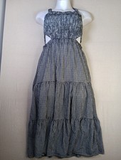 American Eagle Smocked Cut-Out Tiered Midi Dress XL Black White Gingham EUC