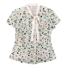 Unique Vintage Short Sleeve Bow Neck Button Up Blouse Paris French Print XL 14