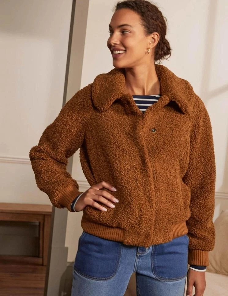 Boden Teddy Bomber Jacket UK 6 Ginger Brown Textured Round Collar