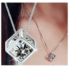 US Heart Cube 925 Sterling Silver Chain Crystal Pendant Necklace Christmas Gifts