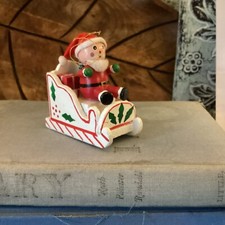 Santa Claus Elf In Winter Sleigh Christmas Tree Wood Ornament Mid Century Mod