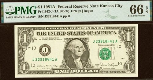 1981A $1 Federal Reserve Note PMG 66EPQ rare JA JB Blocks Kansas City Fr 1912-J - Picture 3 of 6
